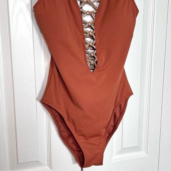 Bleu Rod Beattie Plunge One Piece Swimsuit Brown Gold - Picture 8 of 14